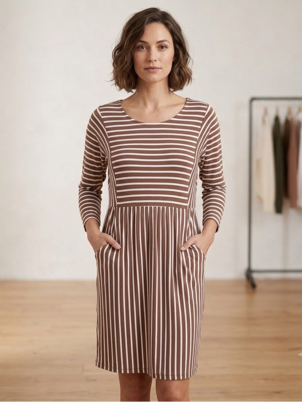 JODIFL Brown & White Striped Long Sleeve Dress, Women’s Size Large, Pockets